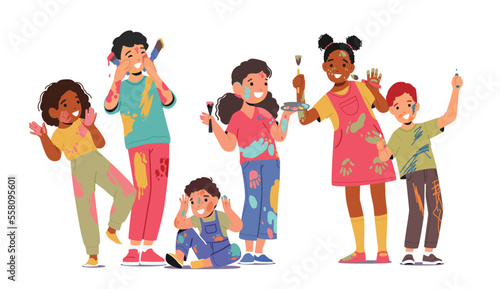 Cute Children Group with Dye Spots on Clothes, Face and Hands. Happy Kids Holding Brushes, Palette and Pencils