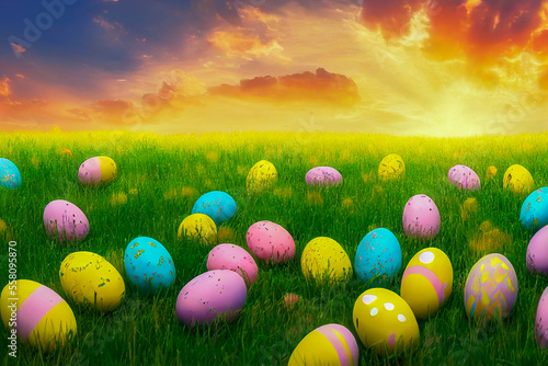easter eggs on green grass, generative ai illustration