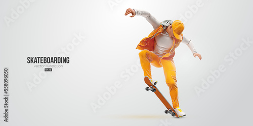 Realistic silhouette of a skateboarder on white background. The skateboarder man is doing a trick. Street skateboarding. Vector illustration