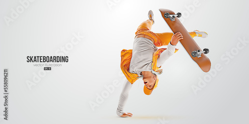 Realistic silhouette of a skateboarder on white background. The skateboarder man is doing a trick. Street skateboarding. Vector illustration