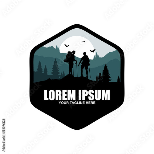 Camping, climbing logo or label. Hiking trip, hike set of icons. Lettering vector