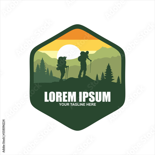 Camping, climbing logo or label. Hiking trip, hike set of icons. Lettering vector