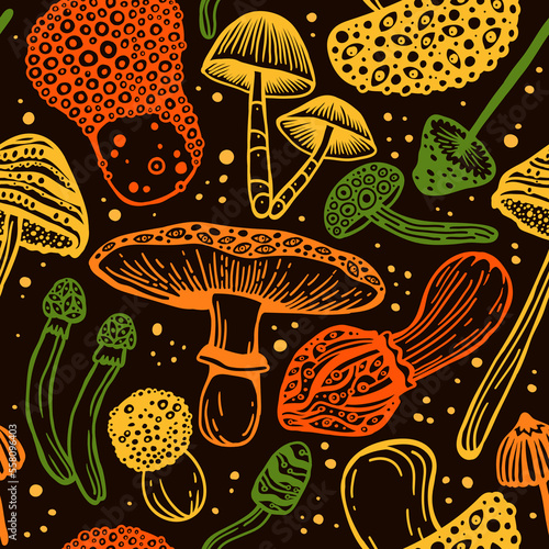 Stylish amazing sticker of colored fly agarics on a dark background. Beautiful seamless vector pattern of psilocybin mushrooms.