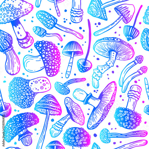 Toadstool concept hand drawn. Beautiful wallpaper of psilocybin mushrooms. Seamless vector pattern of hallucinogenic mushrooms.