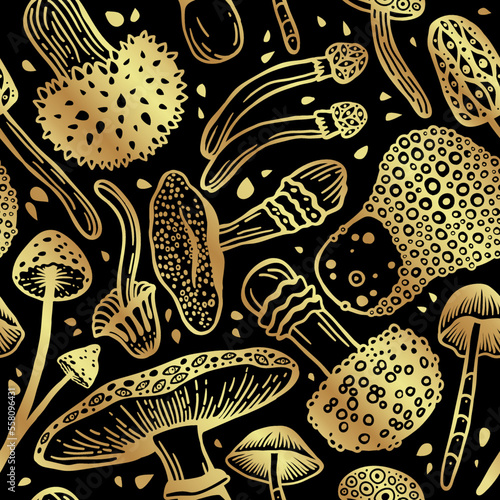 Golden seamless vector pattern of psilocybin mushrooms. Beautiful wallpaper of hallucinogenic mushrooms in golden colors.