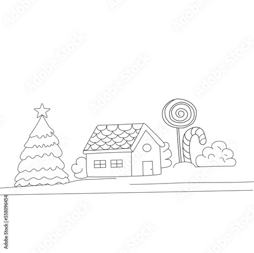 Coloring Christmas house, Christmas tree, snow, Christmas candies. Coloring book for children and adults. Vector.