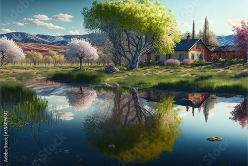 a painting of a house by a lake with trees and mountains in the background and a blue sky with white clouds and a few pink flowers in the foreground, with a reflection of a. Generative AI