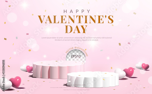 Valentine's day concept for product display,  pink, white podium flower shape with heart balloon and confetti on pink background. vector illustration