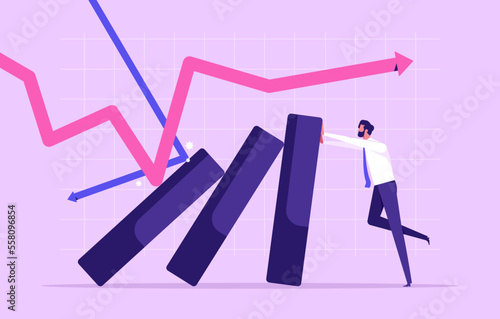 Dealing investment risks, stock market crash. Economic recession, lost capital. Businessman trying to prevent the bar chart from falling down