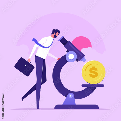 Financial experts. Providing financial or investment advice. Wealth Management, financial analysis. A businessman uses a microscope to shine a dollar coin