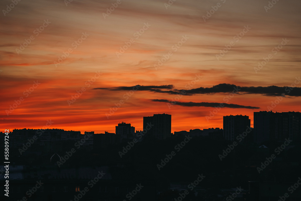 City silhouette. Silhouette panorama of the city. Architecture silhouette. City at dawn. Sunset in the city.