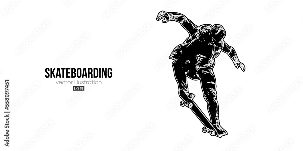 Abstarct silhouette of a skateboarder on white background. The skateboarder man is doing a trick. Street skateboarding. Vector illustration Abstarct silhouette of a skateboarder on white background. The skateboarder man is doing a trick. Street skateboarding. Vector illustration