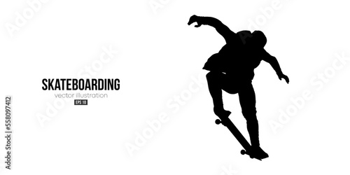 Abstarct silhouette of a skateboarder on white background. The skateboarder man is doing a trick. Street skateboarding. Vector illustration