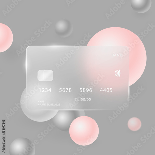 A credit card in the style of glasmorphism on an abstract gray background. Transparent map with highlights. Vector illustration.