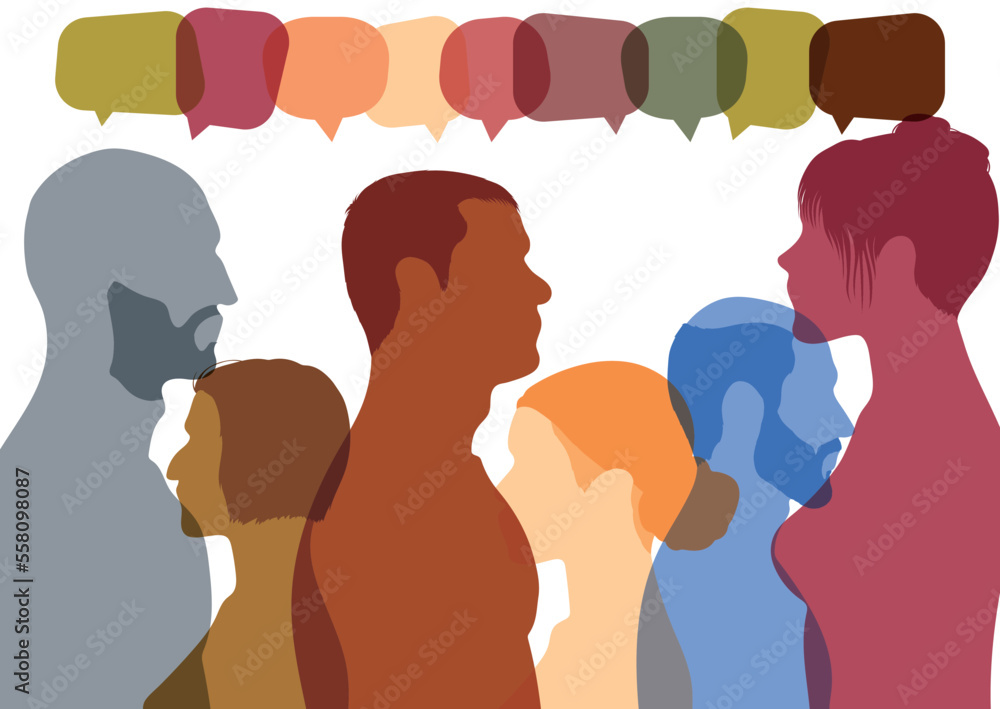 Interviews. Vector Illustration. Diverse people from different cultures dialogue together. Communication between people in a crowd.