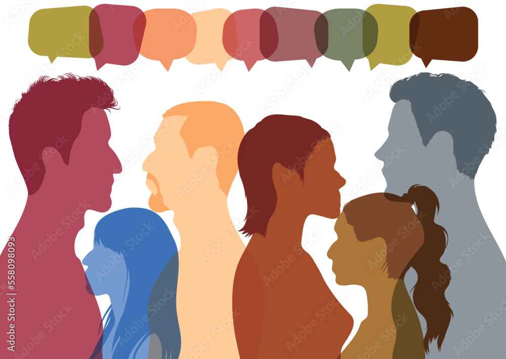 People from different ethnicities talking and communicating in a profile. Utilize social networks for communication and sharing of information. Vector Illustration. Communicate with your community. 