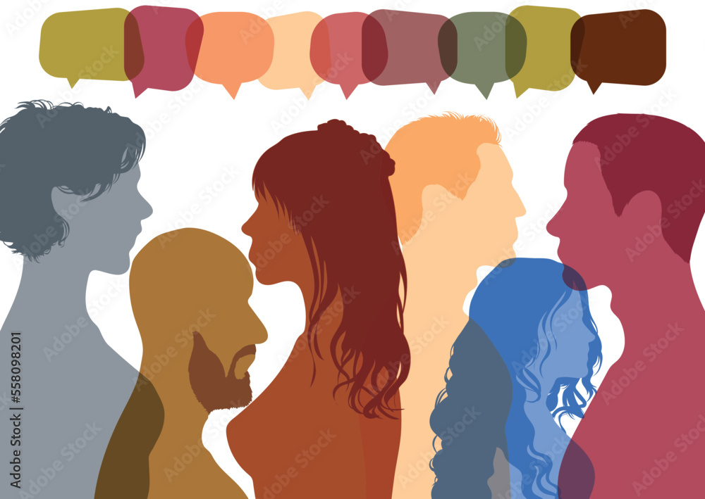 Let's talk in the community. The concept of communication and chatting with friends. Vector Illustration. Meeting and networking with a diverse group of people. Speech bubbles. 