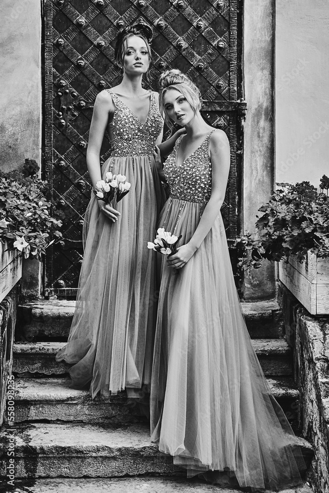 Beautiful bridesmaids in gorgeous elegant stylish floor length v neck chiffon gown dress decorated with sequins sparkles and rhinestones holding flowers bouquets. Wedding day in old beautiful European