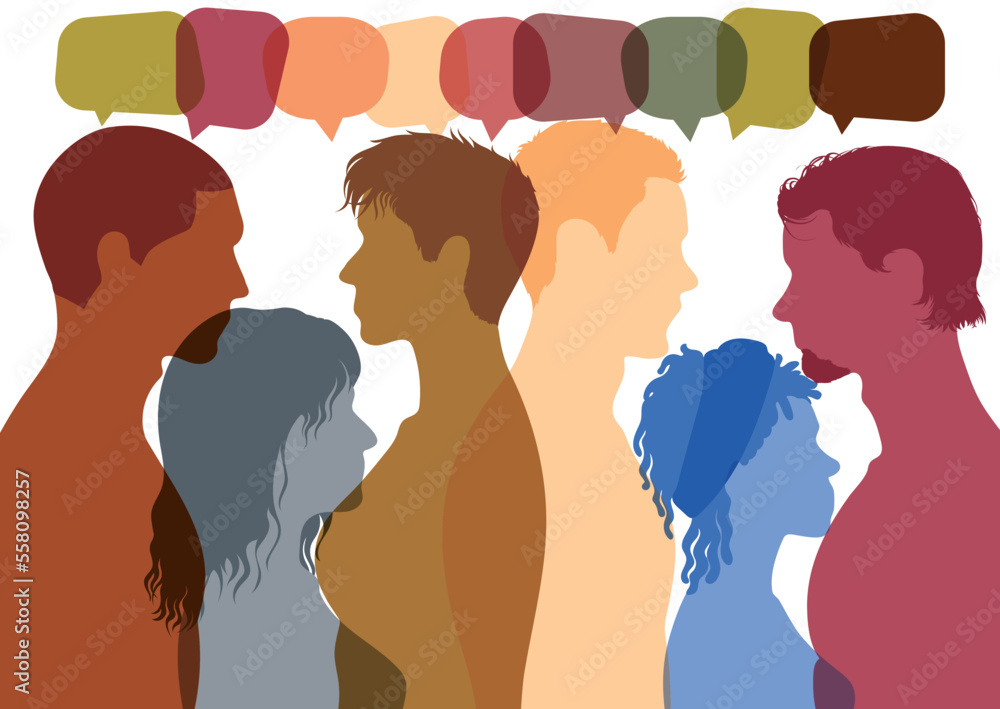 People talking in the crowd and people from different backgrounds. Communication and ideas are shared by many multi-ethnic people. Vector. A feeling of confusion. Population of diverse ethnicities.