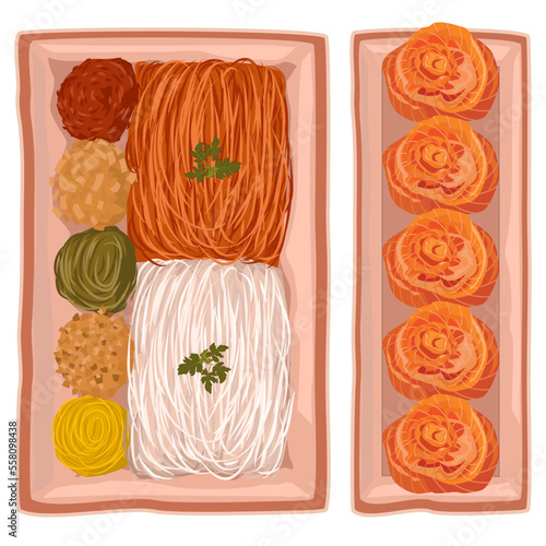 Quadro em tela Yu Sheng, vegetables salad with noodles, bread and bean and salmon raw