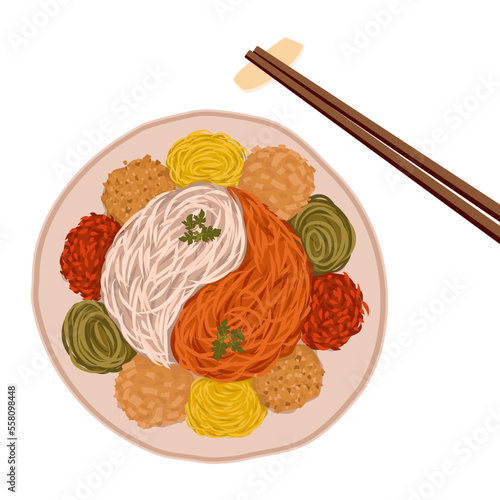 Yu Sheng, vegetables salad on round plate with chopsticks. Chinese  traditional food on white background. Isolated close up yee sang or yuu sahng, or Prosperit. New year food. vector illustration