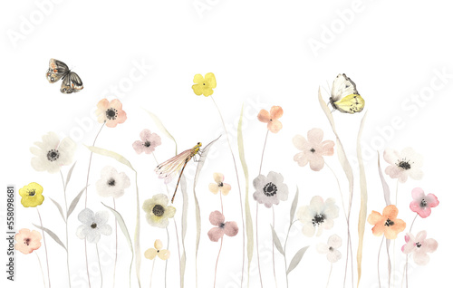 Abstract wildflowers and cute insects, horizontal floral border of delicate flowers and grasses, isolated watercolor illustration for invitation, greeting cards or wallpapers.