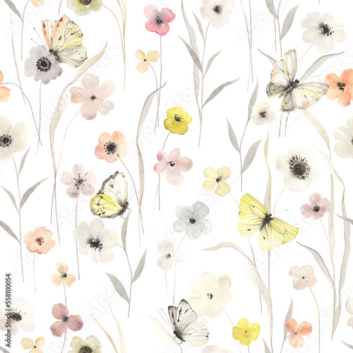 Abstract wildflowers and cute flying butterflies, floral seamless pattern of delicate flowers and grasses, isolated watercolor illustration for textile, wrapping paper or wallpapers.