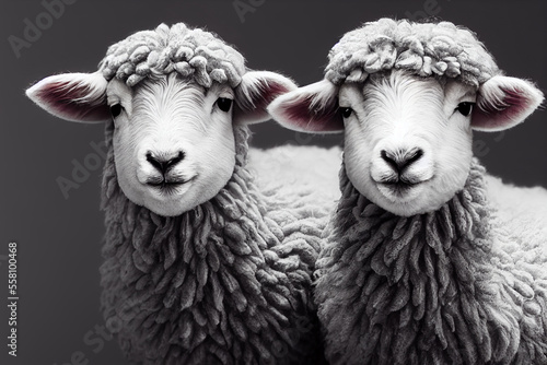 Two cute sheep, funny portrait of animal, livestock farm, easter lamb, generative ai