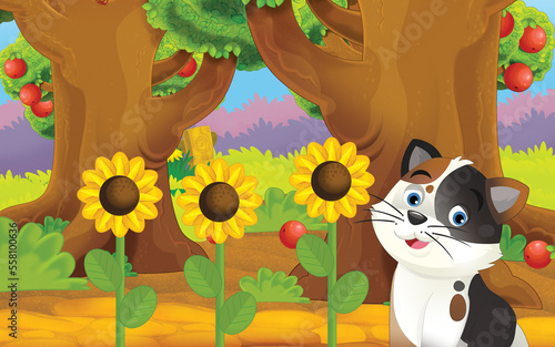 cartoon cat on the farm in garden illustration
