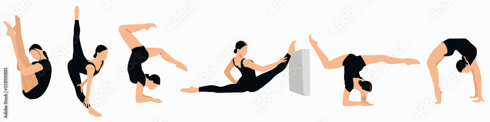 Illustration of set of women in row practicing exercise, yoga, exercise.