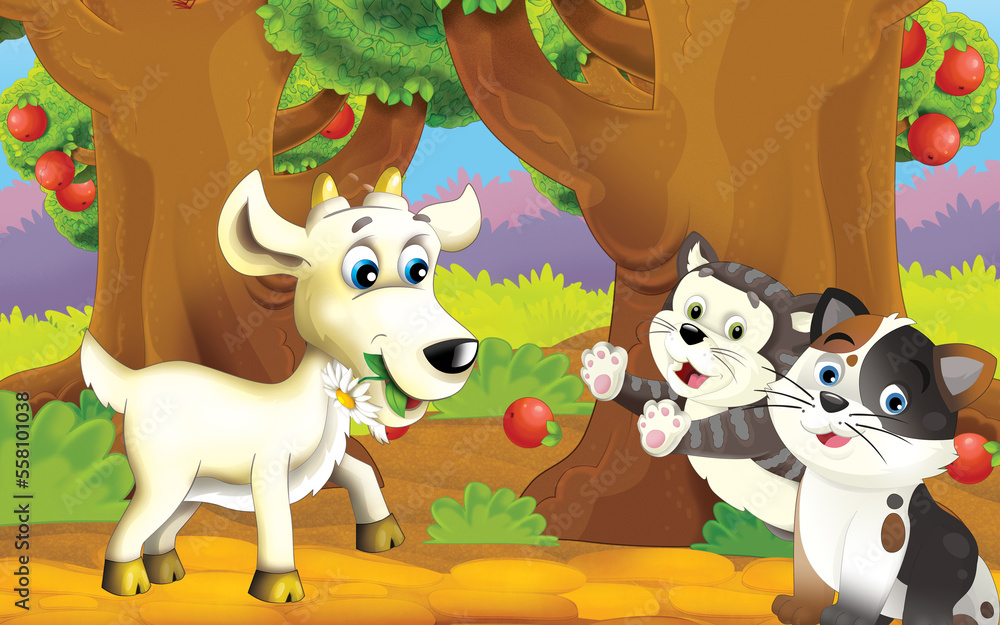 Naklejka premium cartoon cat on the farm in garden illustration