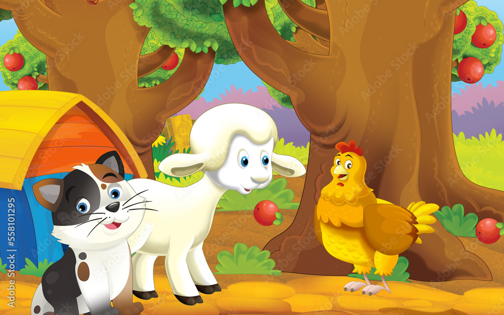 Fototapeta premium cartoon cat on the farm in garden illustration