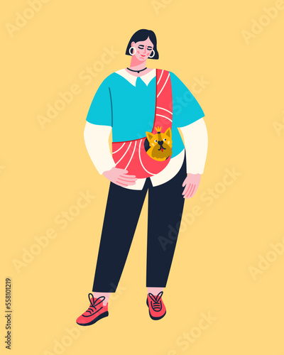 Young woman with her pet sitting in a portable shoulder handbag. Female owner with a little dog in a carrying bag. Vector flat illustration