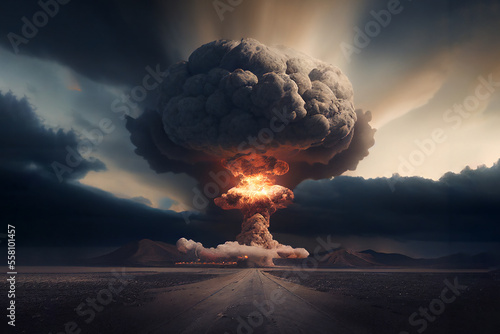 Nuclear explosion of an atom bomb with a mushroom cloud causing an apocalyptic Armageddon  through the use of a weapon of mass destruction, computer Generative AI stock illustration image
