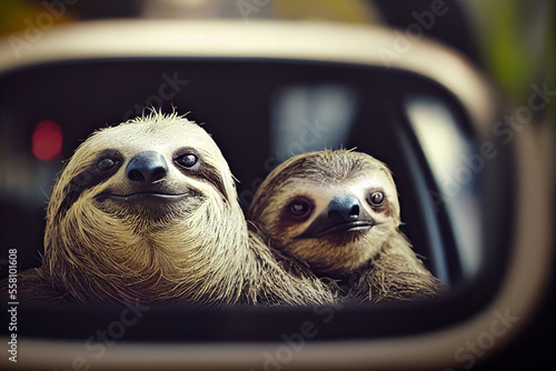 Two cute sloth sittimng in a car, reflection in the mirrow jungle animal, illustration, generative ai
 photo