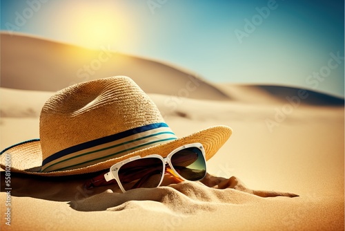 a hat and sunglasses on the sand on seashore