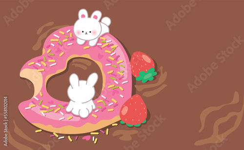 Happy Valentine's Day vector illustration banner or love greeting card. Valentine's Day chocolates. Pink donut floating on a chocolate pool with cute cartoon bunnies. Love sweets concept.