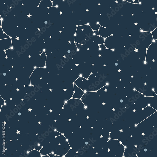 Hand drawn seamless pattern constellations, planet and star sky. Zodiac signs. Vector illustration, Galaxy Background