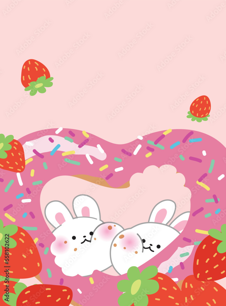 Happy Valentine's Day celebration vector ilustration card or love greeting card. Couple of two cute cartoon bunnies sharing a pink donut together. Adorable love card, greeting or birthday card. Happy Valentine's Day celebration vector ilustration card or love greeting card. Couple of two cute cartoon bunnies sharing a pink donut together. Adorable love card, greeting or birthday card.