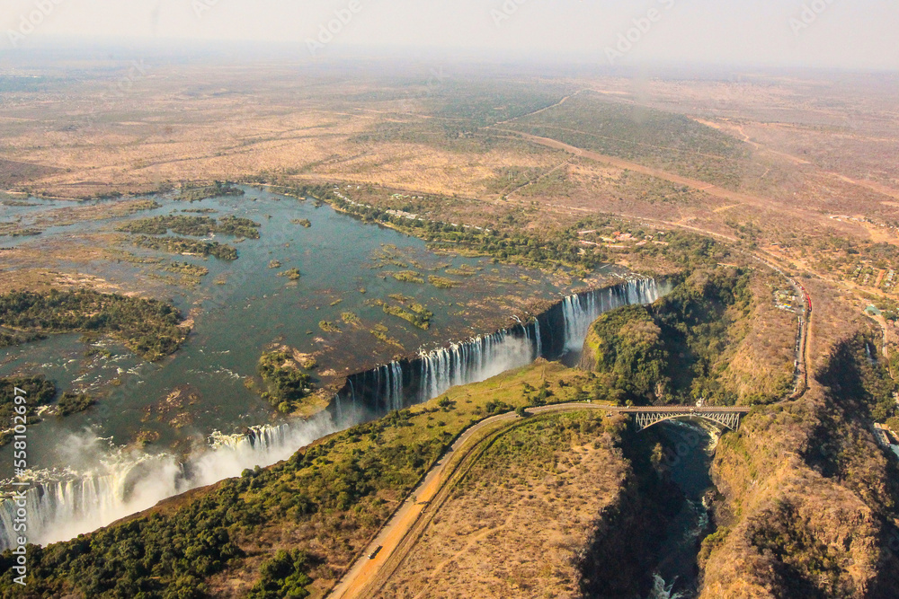 Magnificent aerial image of Beit Bridge, Zambezi river and Vitoria Falls, Zimbabwe