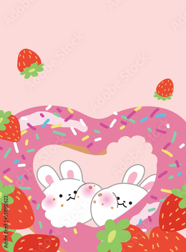 Happy Valentine's Day celebration vector ilustration card or love greeting card. Couple of two cute cartoon bunnies sharing a pink donut together. Adorable love card, greeting or birthday card. 