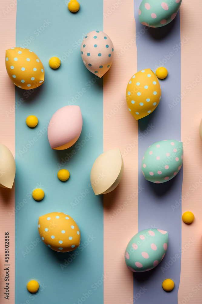 Colorful Easter eggs flat-lay illustration. Generative Ai.