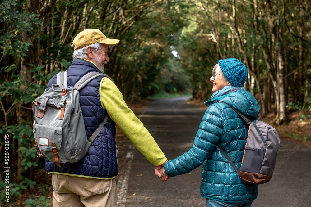 Rear view of smiling senior couple enjoying freedom and retirement walking in a mountain forest hand in hand. Elderly cheerful couple traveling together in nature Rear view of smiling senior couple enjoying freedom and retirement walking in a mountain forest hand in hand. Elderly cheerful couple traveling together in nature