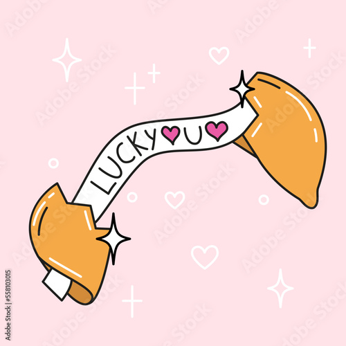 Lucky you. Cute fortune cookie Valentine's Day card. Hand drawn vector illustration in cartoon style.