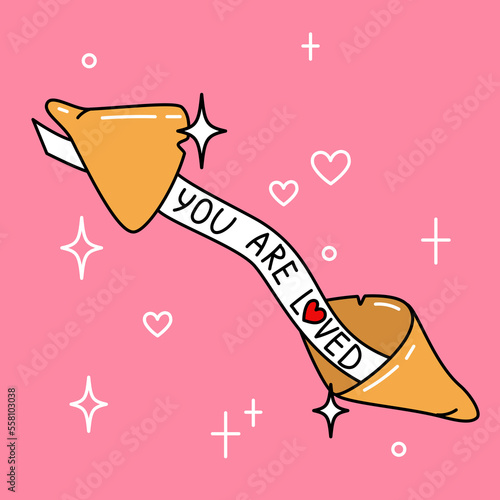 You are loved. Cute fortune cookie Valentine's Day card. Hand drawn vector illustration in cartoon style.