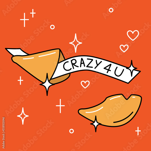 Crazy for you. Cute fortune cookie Valentine's Day card. Hand drawn vector illustration in cartoon style.
