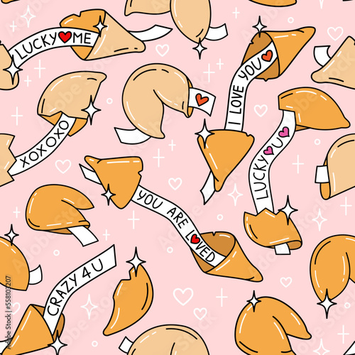 Cute fortune cookie Valentine's Day seamless pattern with love message. Hand drawn vector illustration in cartoon style.