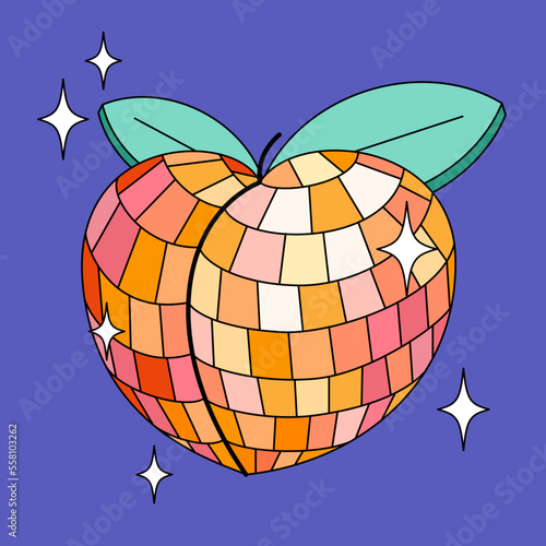 Disco mirror ball peach in cartoon style. Vector funky illustration. 