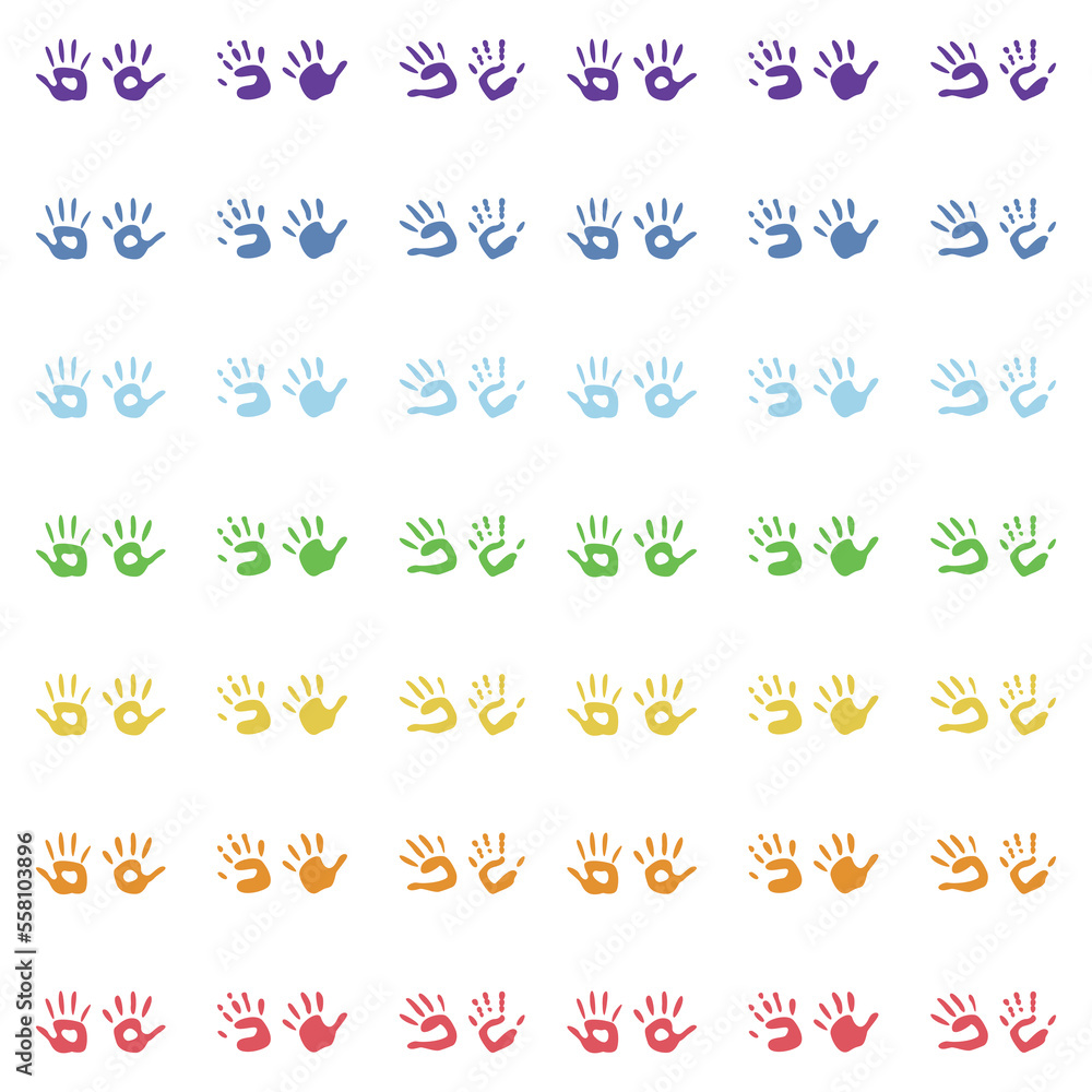 Flat vector painting tools in childish style. Hand drawn hand print, palm silhouette Flat vector painting tools in childish style. Hand drawn hand print, palm silhouette