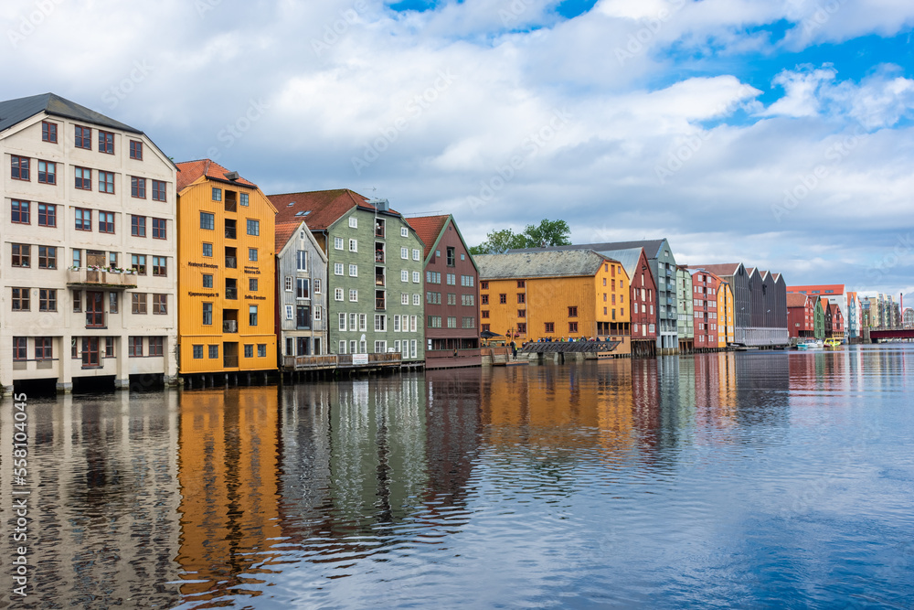 Colorful buildings on the canal of Trondheim, Norway
